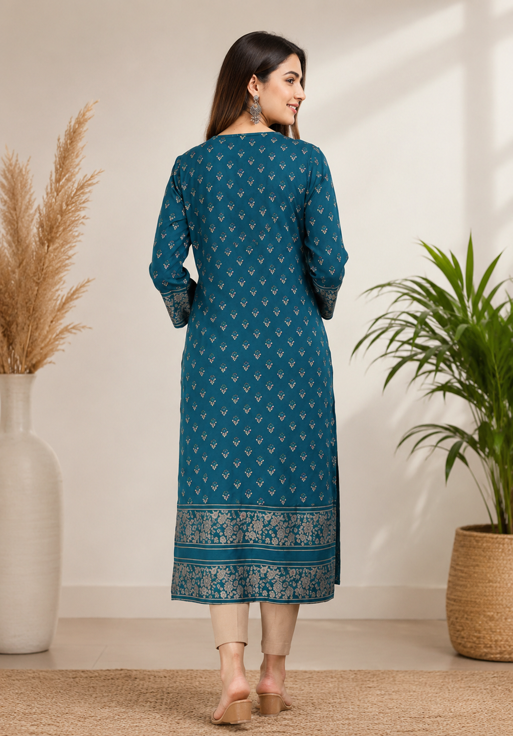 Women's Aqua Blue Printed Rayon A-Line Kurti