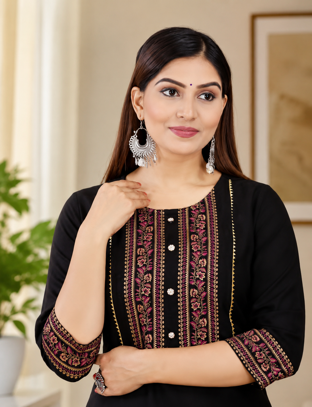 Women's Black Rayon Gold Printed Straight Kurti | Casual & Festive Wear