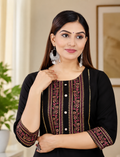 Women's Black Rayon Gold Printed Straight Kurti | Casual & Festive Wear