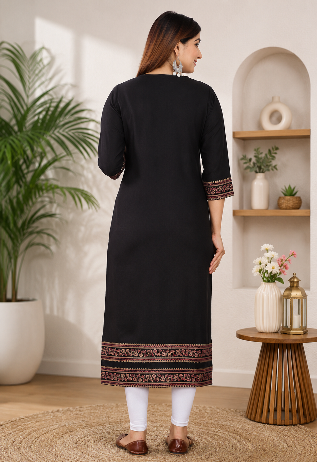 Women's Black Rayon Gold Printed Straight Kurti | Casual & Festive Wear