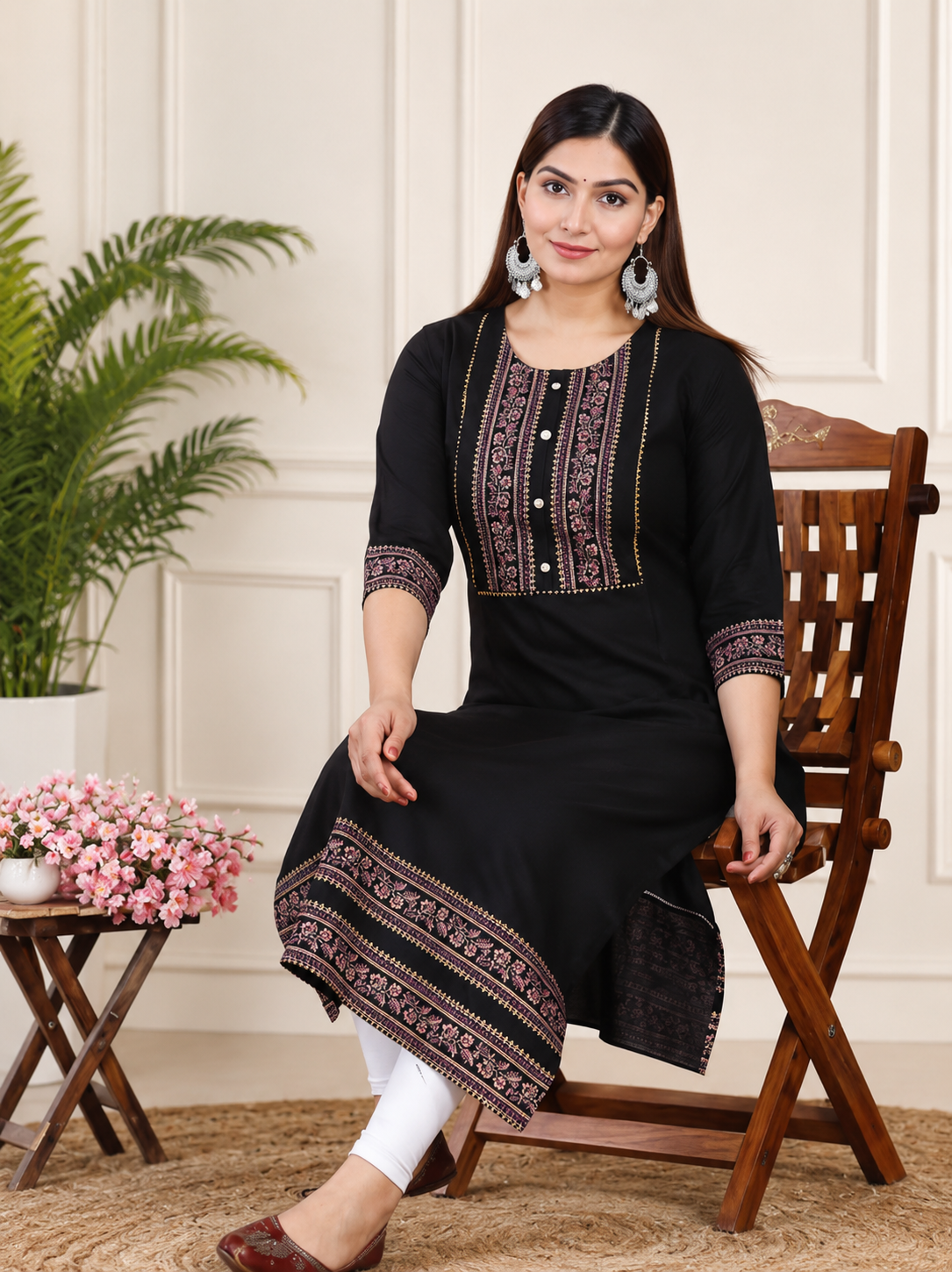 Women's Black Rayon Gold Printed Straight Kurti | Casual & Festive Wear