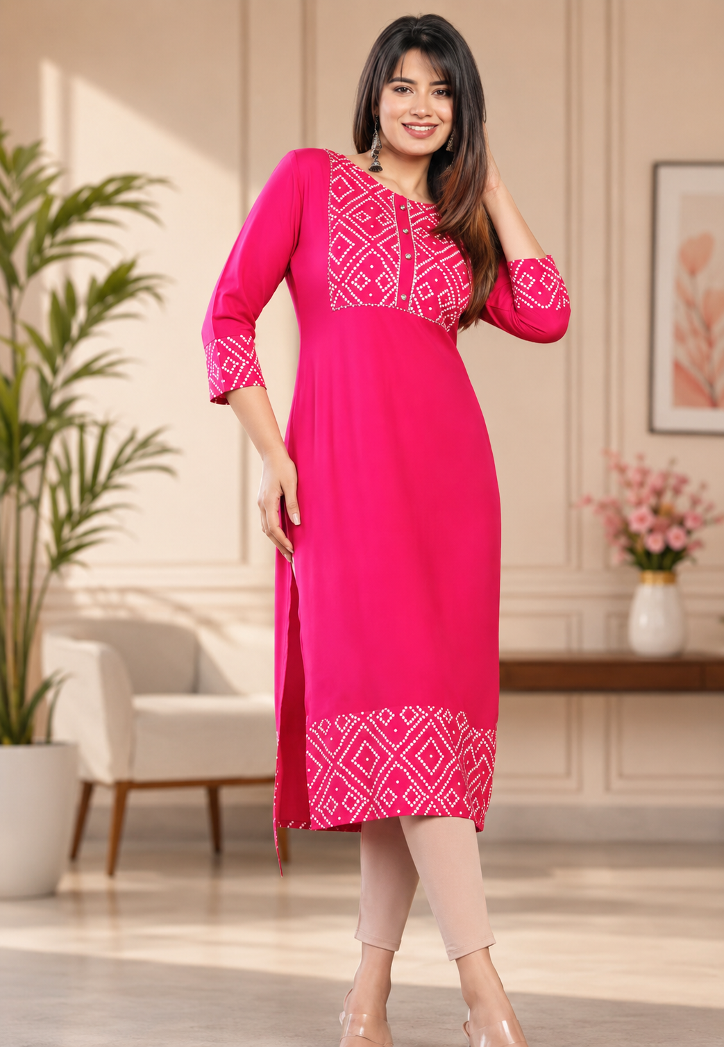 Women's Pink Rayon Printed Straight Kurti | Ethnic Casual & Festive Wear
