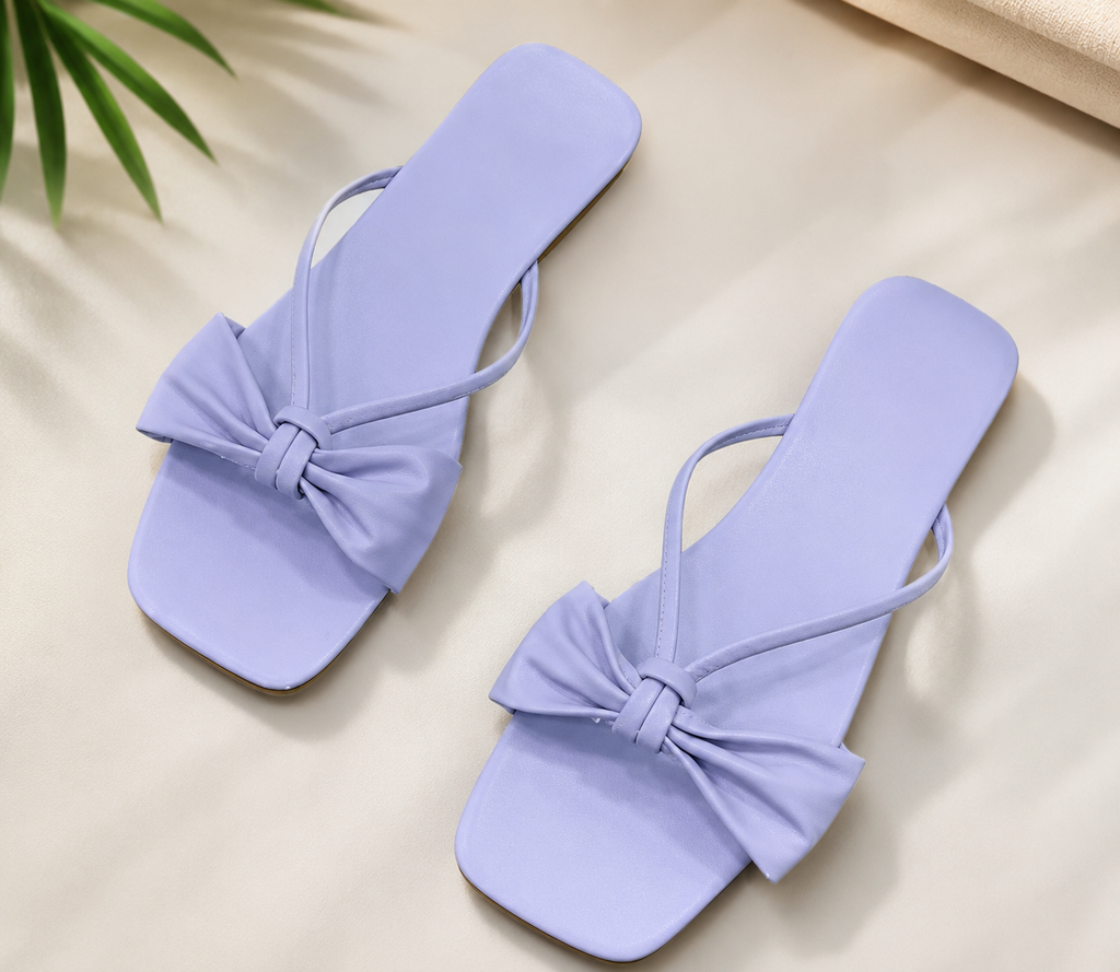 Women's Sky Blue Bow Flat Sandals | Stylish Open Toe Slip-On Flats
