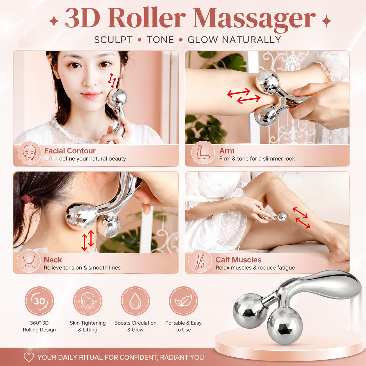 3D Roller Massager Tool | Stainless Steel Full Body Massage Roller for Face, Neck, Back & Muscle Relaxation