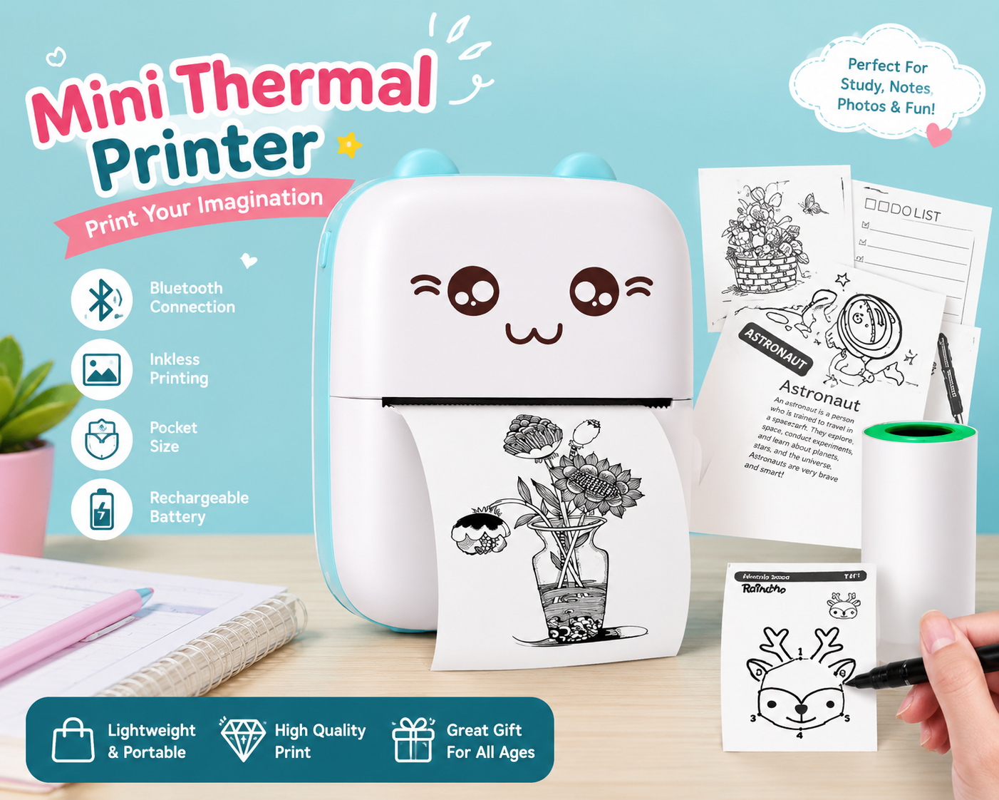 Mini Thermal Printer – Inkless Sticker & Label Printer | Wireless Bluetooth Pocket Printer for Notes, Photos & Journals