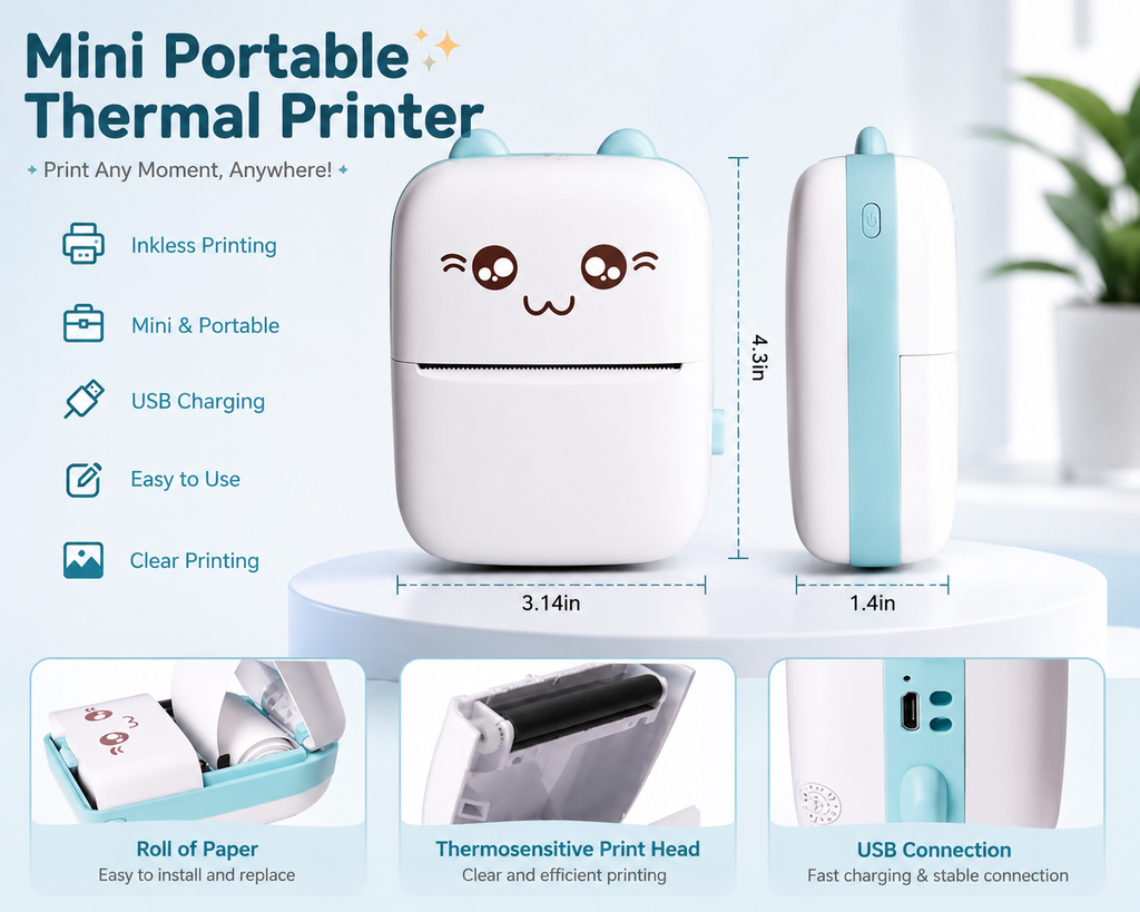 Mini Thermal Printer – Inkless Sticker & Label Printer | Wireless Bluetooth Pocket Printer for Notes, Photos & Journals