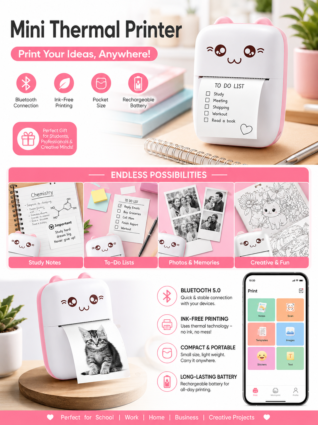 Mini Thermal Printer – Inkless Sticker & Label Printer | Wireless Bluetooth Pocket Printer for Notes, Photos & Journals