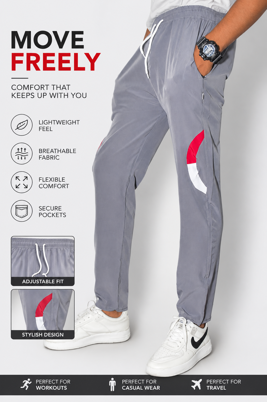 Men's Slim Fit Track Pants | Lightweight Sports Joggers with Zipper Pockets – Grey