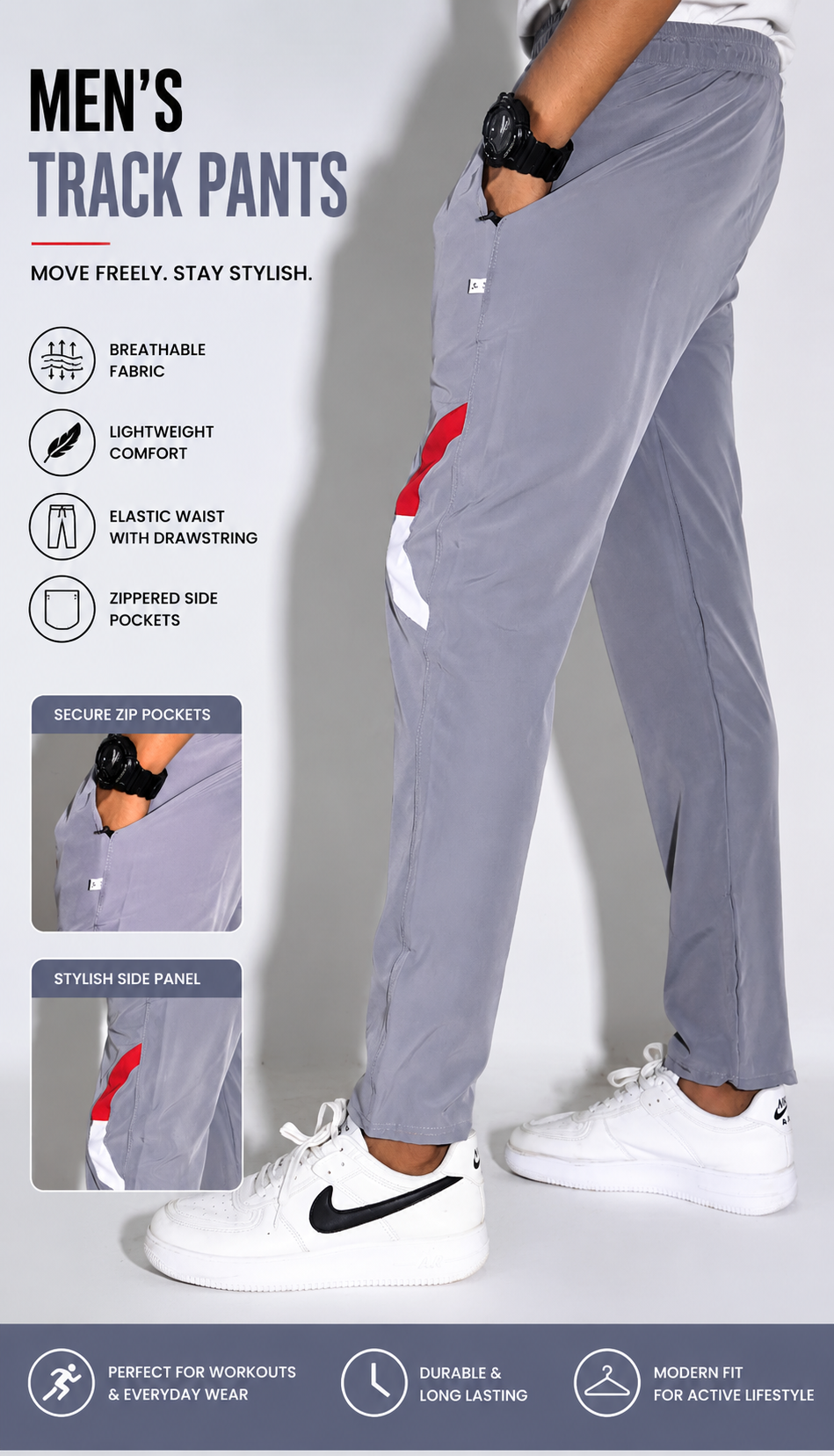 Men's Slim Fit Track Pants | Lightweight Sports Joggers with Zipper Pockets – Grey