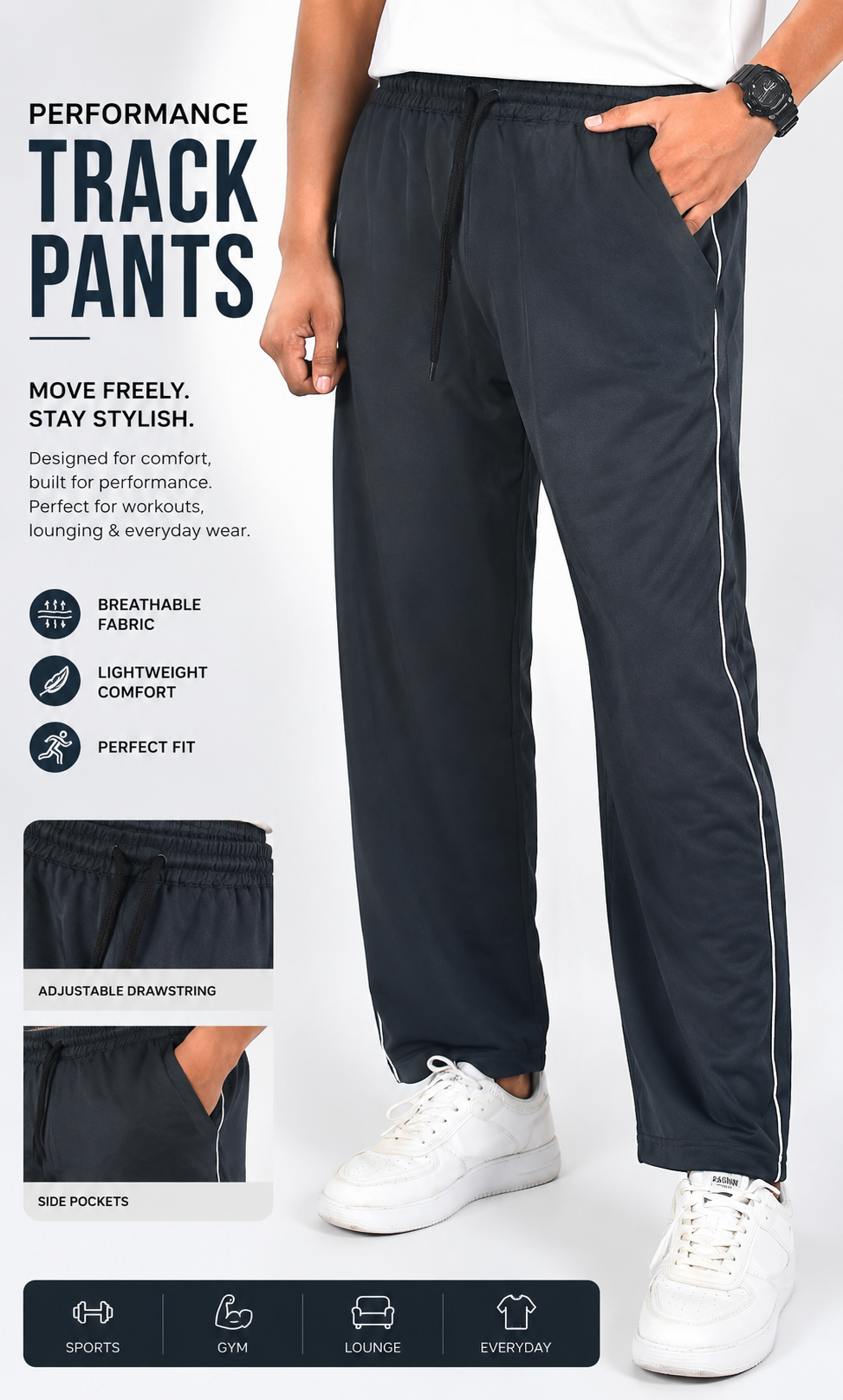 Men's Athletic Track Pants | Comfortable Sports Joggers with Side Stripe – Navy Blue