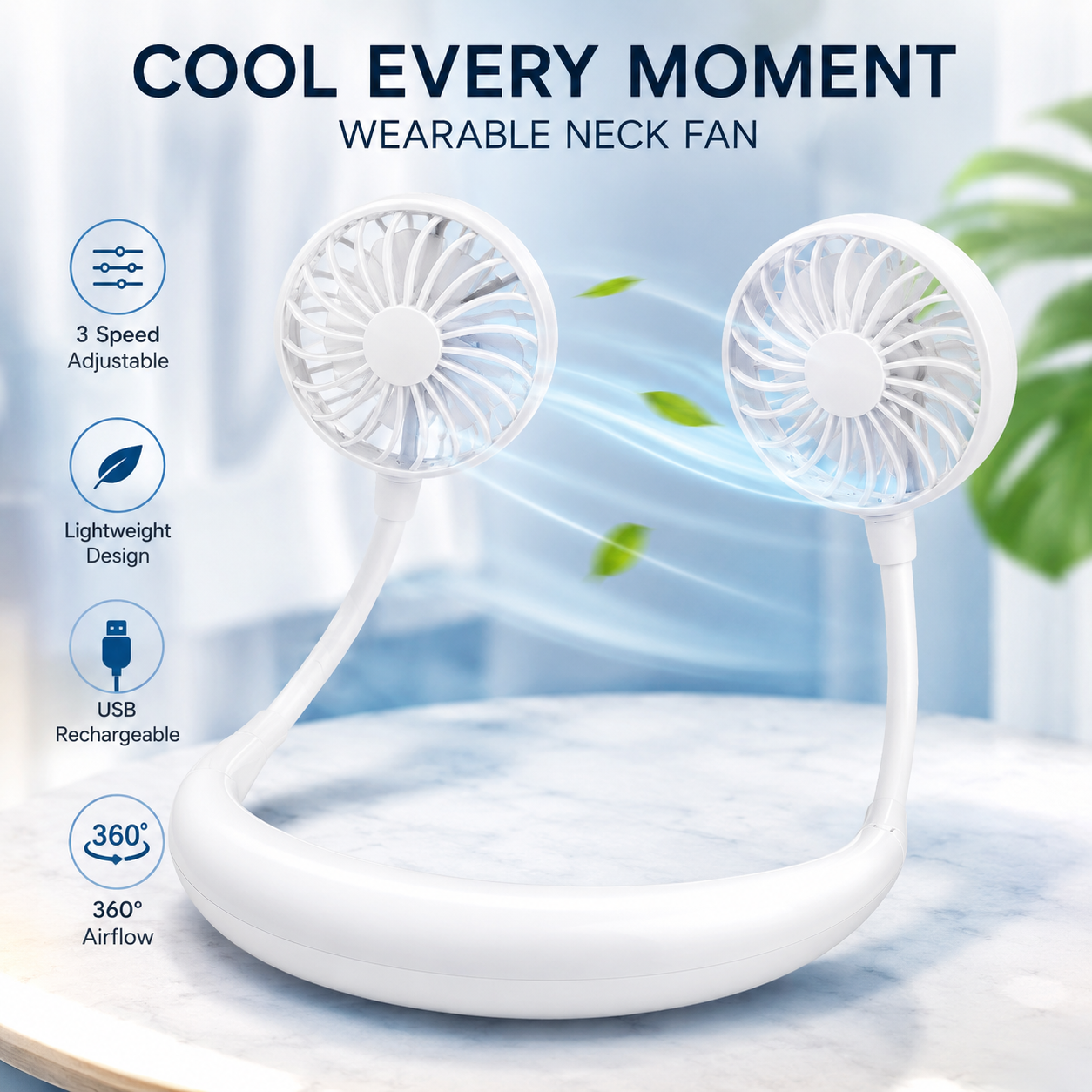 Portable USB Rechargeable Neck Fan with LED Light | Hands-Free Wearable Cooling Fan with 3 Speed Modes