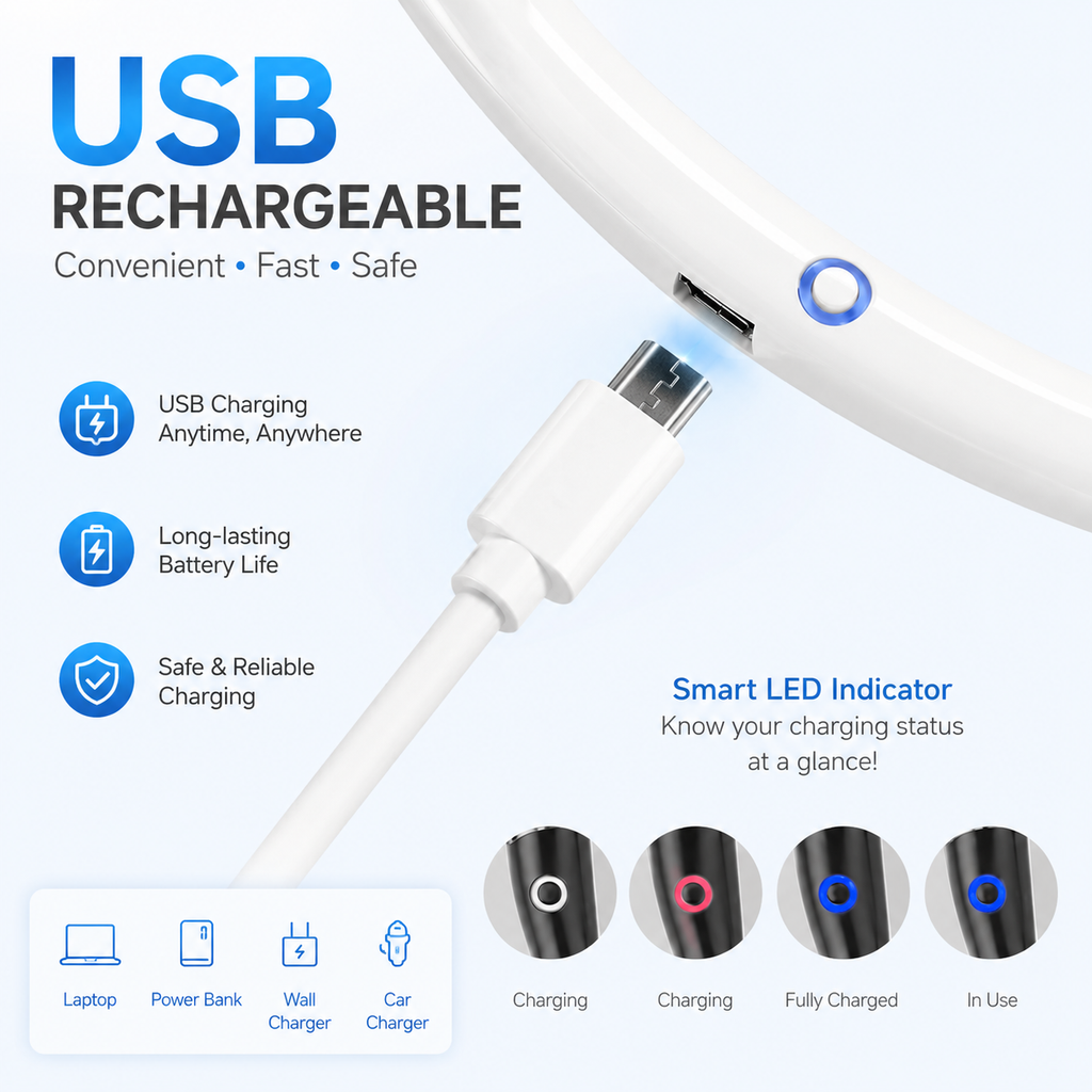 Portable USB Rechargeable Neck Fan with LED Light | Hands-Free Wearable Cooling Fan with 3 Speed Modes