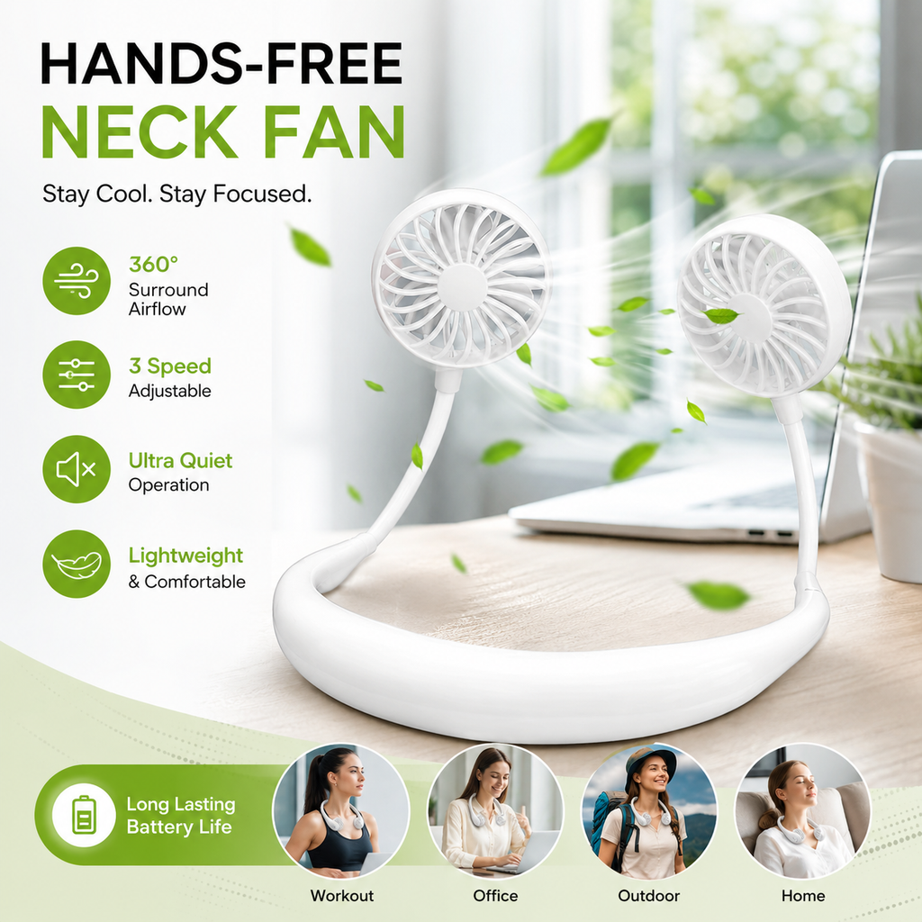 Portable USB Rechargeable Neck Fan with LED Light | Hands-Free Wearable Cooling Fan with 3 Speed Modes