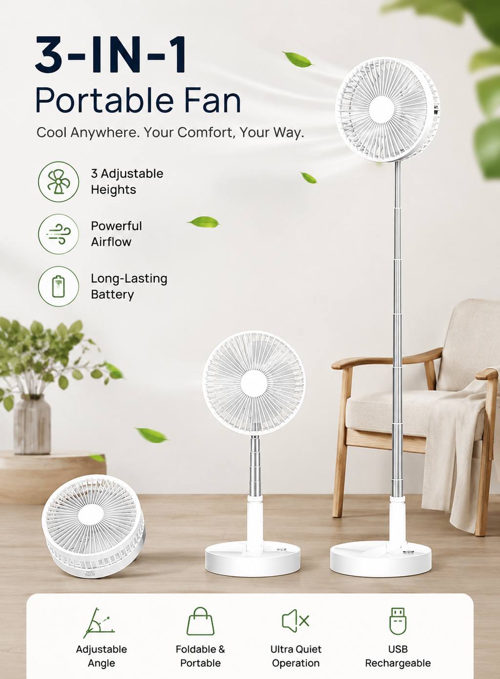 Portable Mini Air Cooler Fan with USB Rechargeable Battery – 3 Speed Desk Cooling Fan