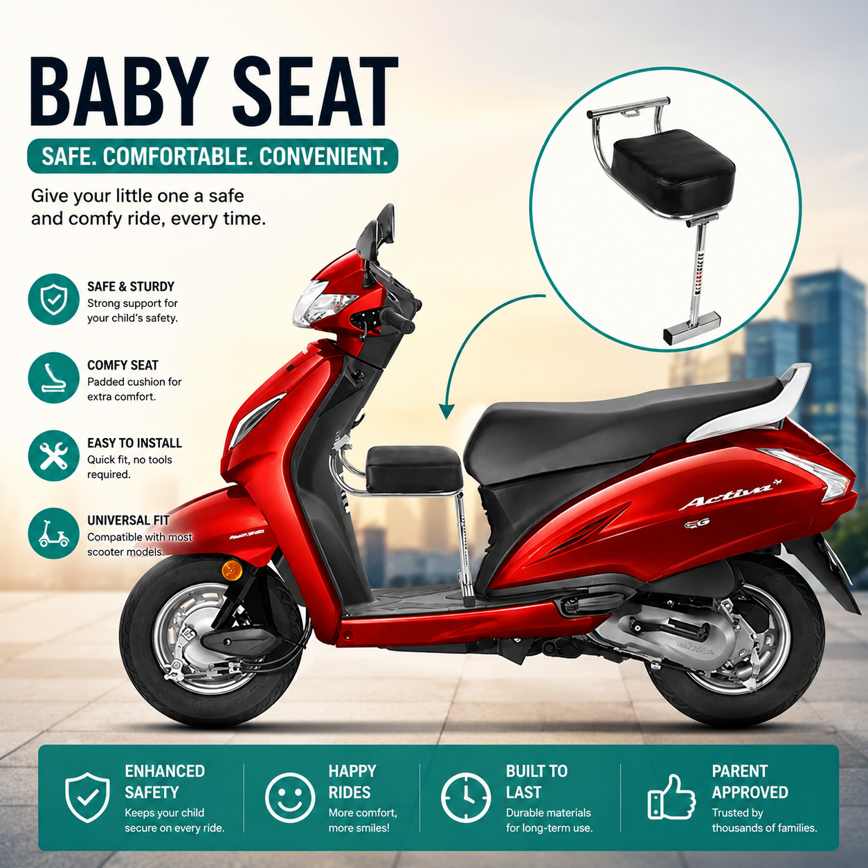 Portable Baby Seat for Scooter | Child Safety Front Seat Attachment for Bikes & Scooters