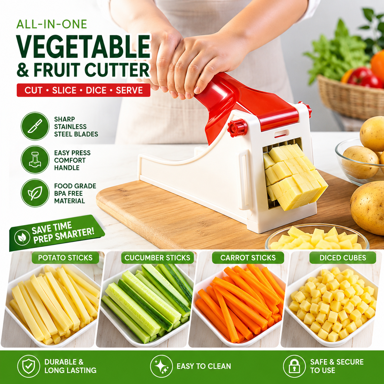 Heavy Duty Vegetable Chopper & French Fry Cutter | Manual Multi-Purpose Kitchen Slicer with Container