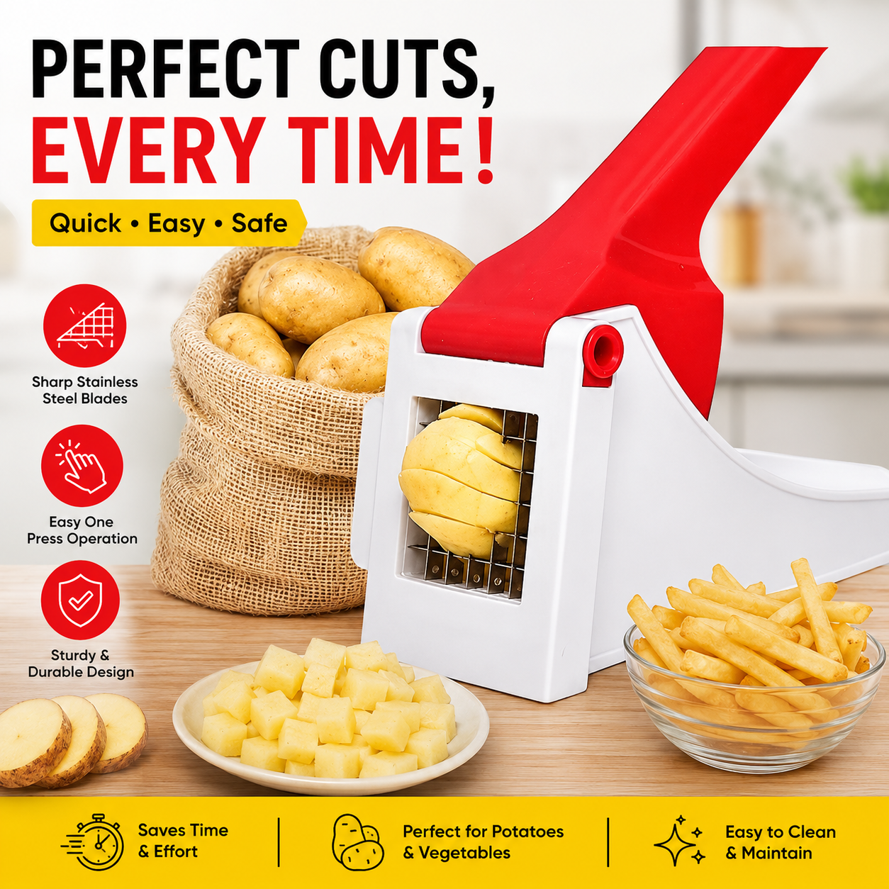 Heavy Duty Vegetable Chopper & French Fry Cutter | Manual Multi-Purpose Kitchen Slicer with Container