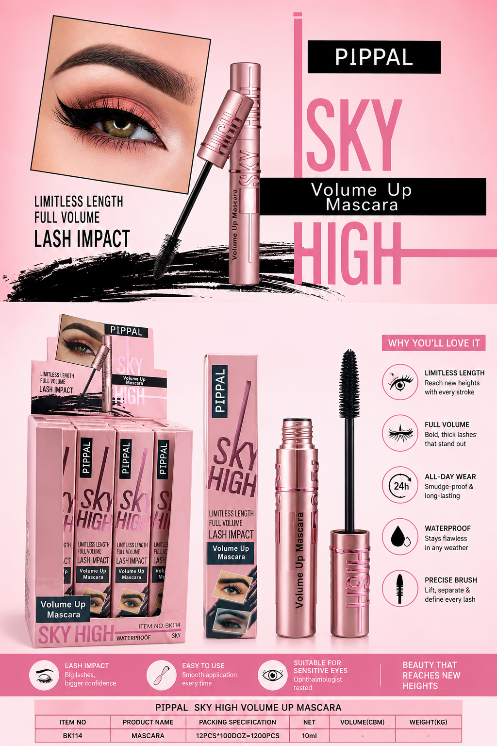 Pippal Sky High Waterproof Mascara | Ultra Volume & Lengthening Lash Mascara 10g