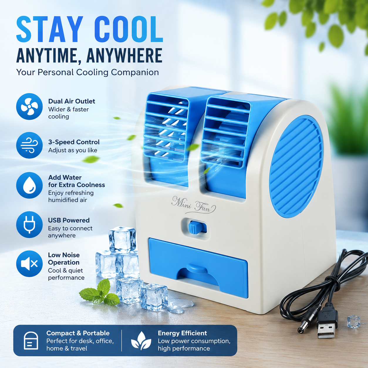 Portable 3-in-1 Mini Air Cooler | USB Personal Air Conditioner, Humidifier & Air Purifier
