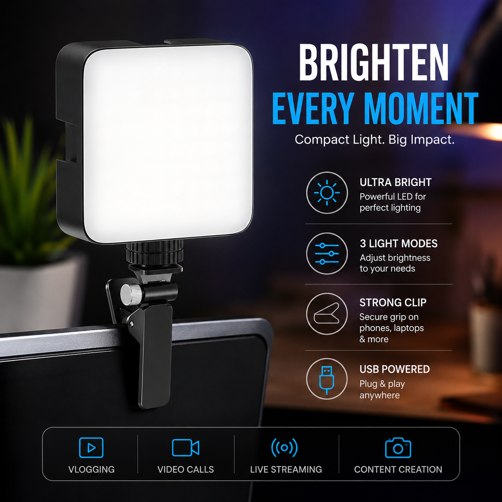 120 LED Camera Video Light with Clip & 3 Cold Shoe Mounts | Dimmable 3000K-6000K Fill Light for Photography, Vlogging & Video Calls