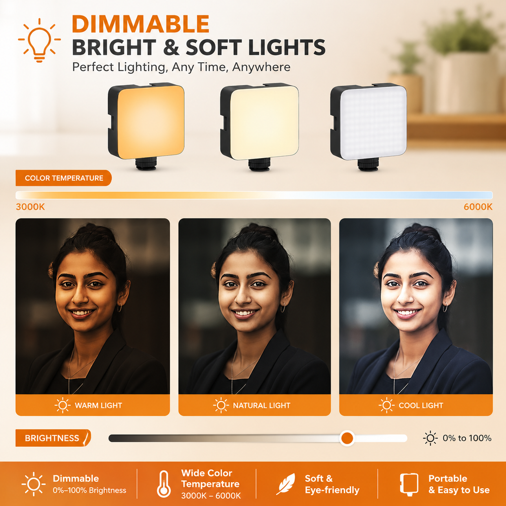 120 LED Camera Video Light with Clip & 3 Cold Shoe Mounts | Dimmable 3000K-6000K Fill Light for Photography, Vlogging & Video Calls