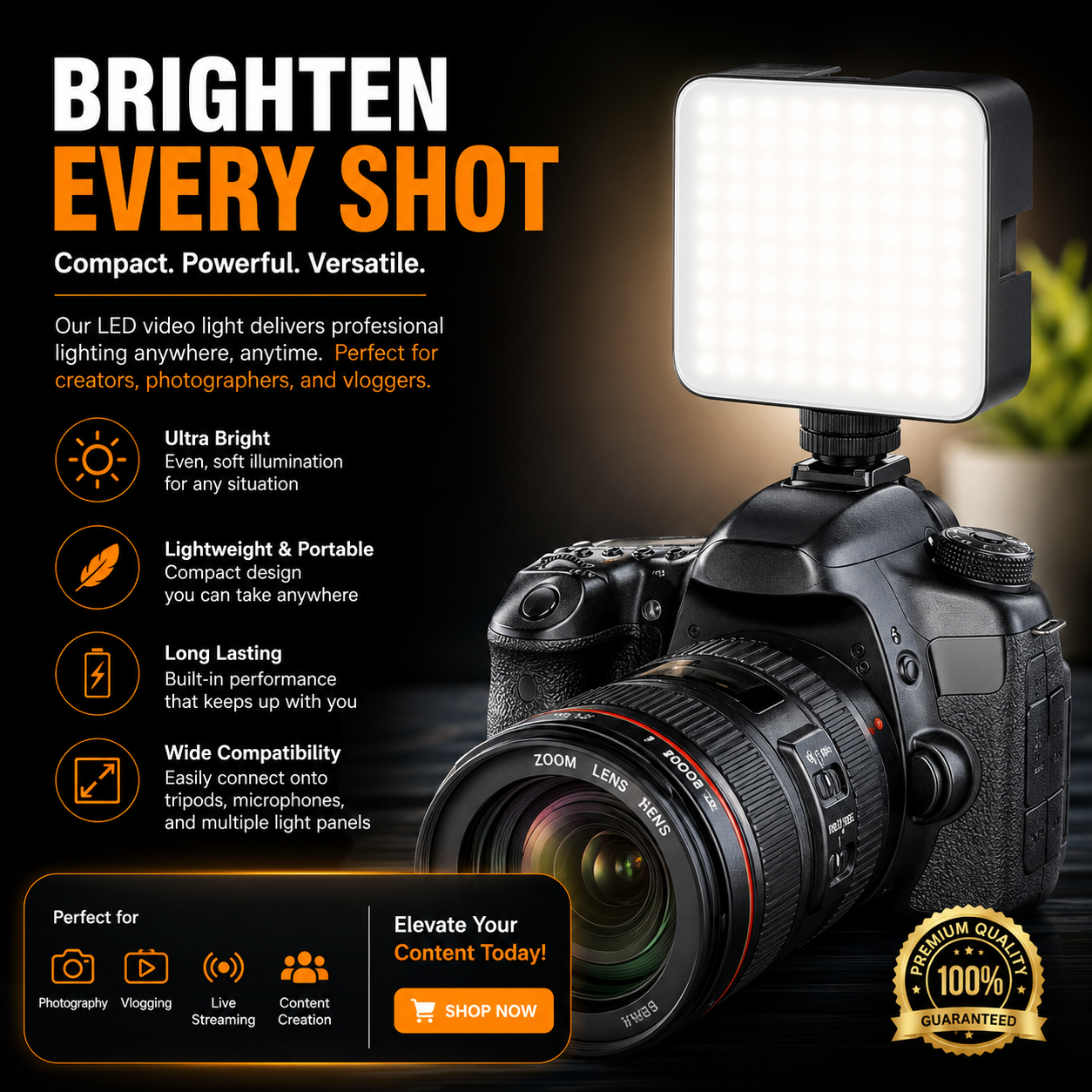 120 LED Camera Video Light with Clip & 3 Cold Shoe Mounts | Dimmable 3000K-6000K Fill Light for Photography, Vlogging & Video Calls