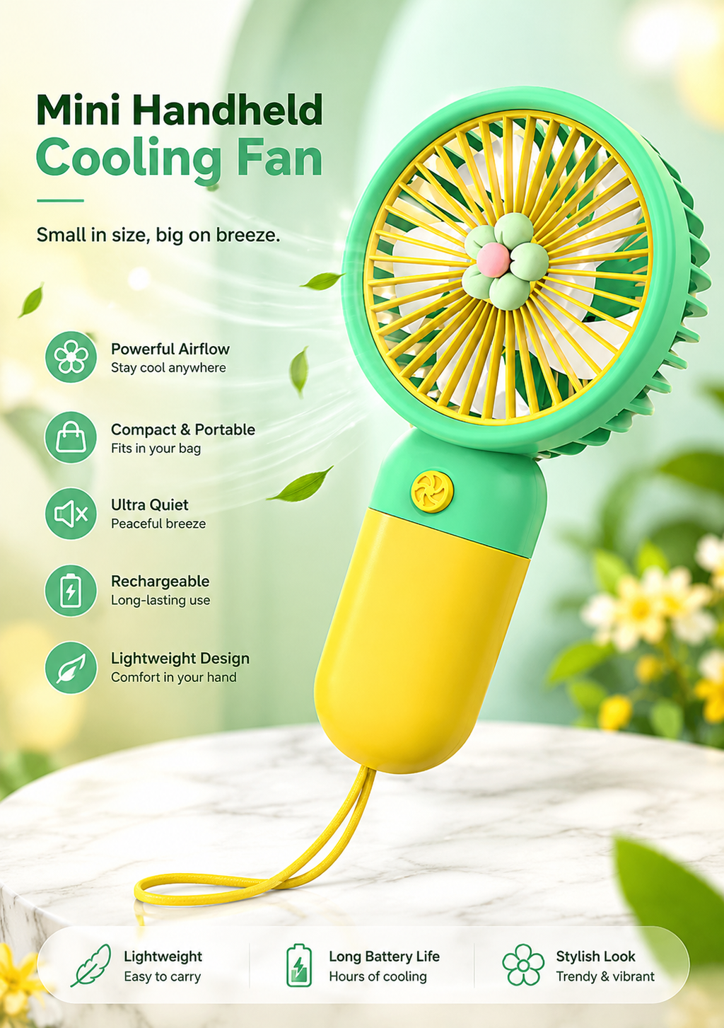 Portable Rechargeable Handheld Mini Fan | Ultra-Quiet USB Cooling Fan with Lanyard for Travel, Office & Outdoor Use