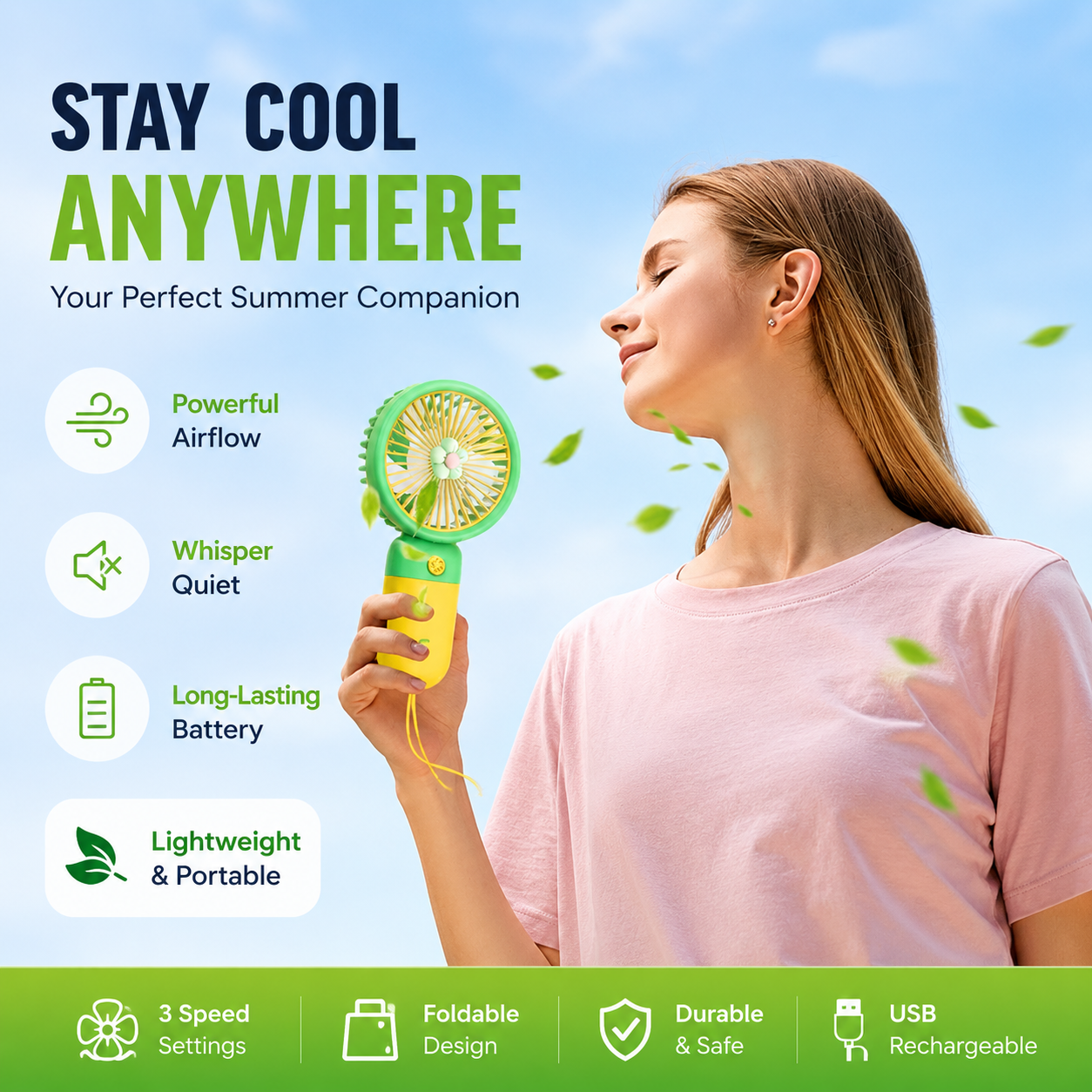 Portable Rechargeable Handheld Mini Fan | Ultra-Quiet USB Cooling Fan with Lanyard for Travel, Office & Outdoor Use