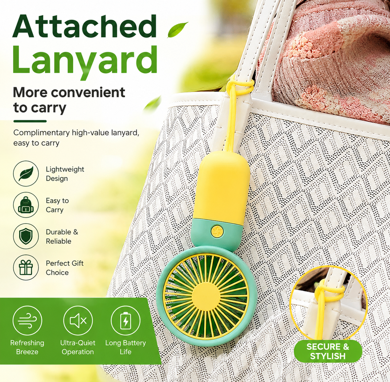 Portable Rechargeable Handheld Mini Fan | Ultra-Quiet USB Cooling Fan with Lanyard for Travel, Office & Outdoor Use