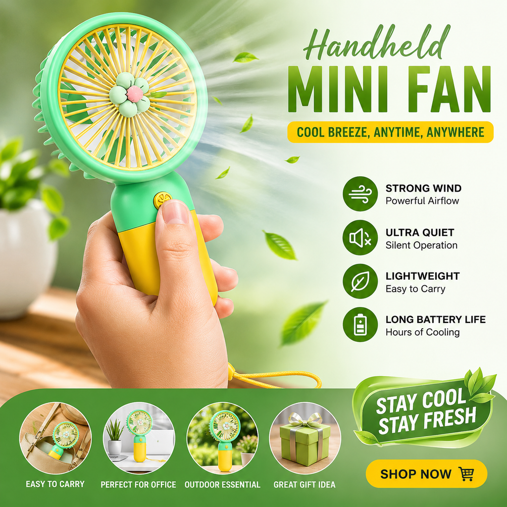 Portable Rechargeable Handheld Mini Fan | Ultra-Quiet USB Cooling Fan with Lanyard for Travel, Office & Outdoor Use