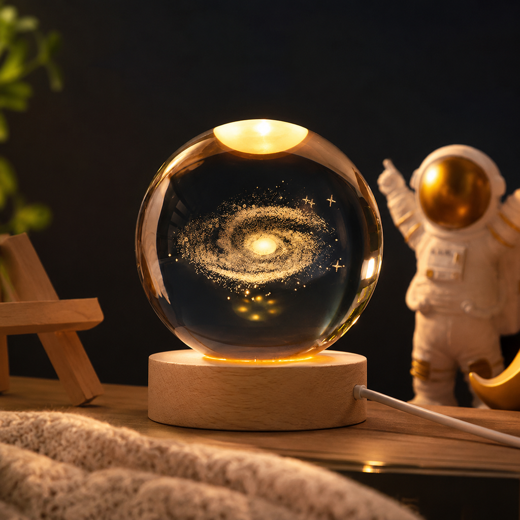 3D Crystal Ball Night Lamp | LED Galaxy Moon Lamp with Wooden Base – Assorted Designs