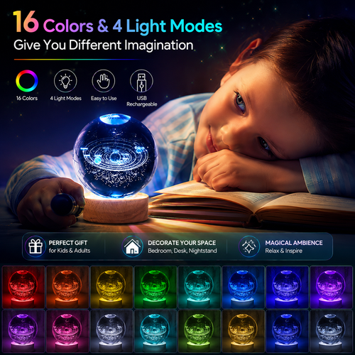 3D Crystal Ball Night Lamp | LED Galaxy Moon Lamp with Wooden Base – Assorted Designs