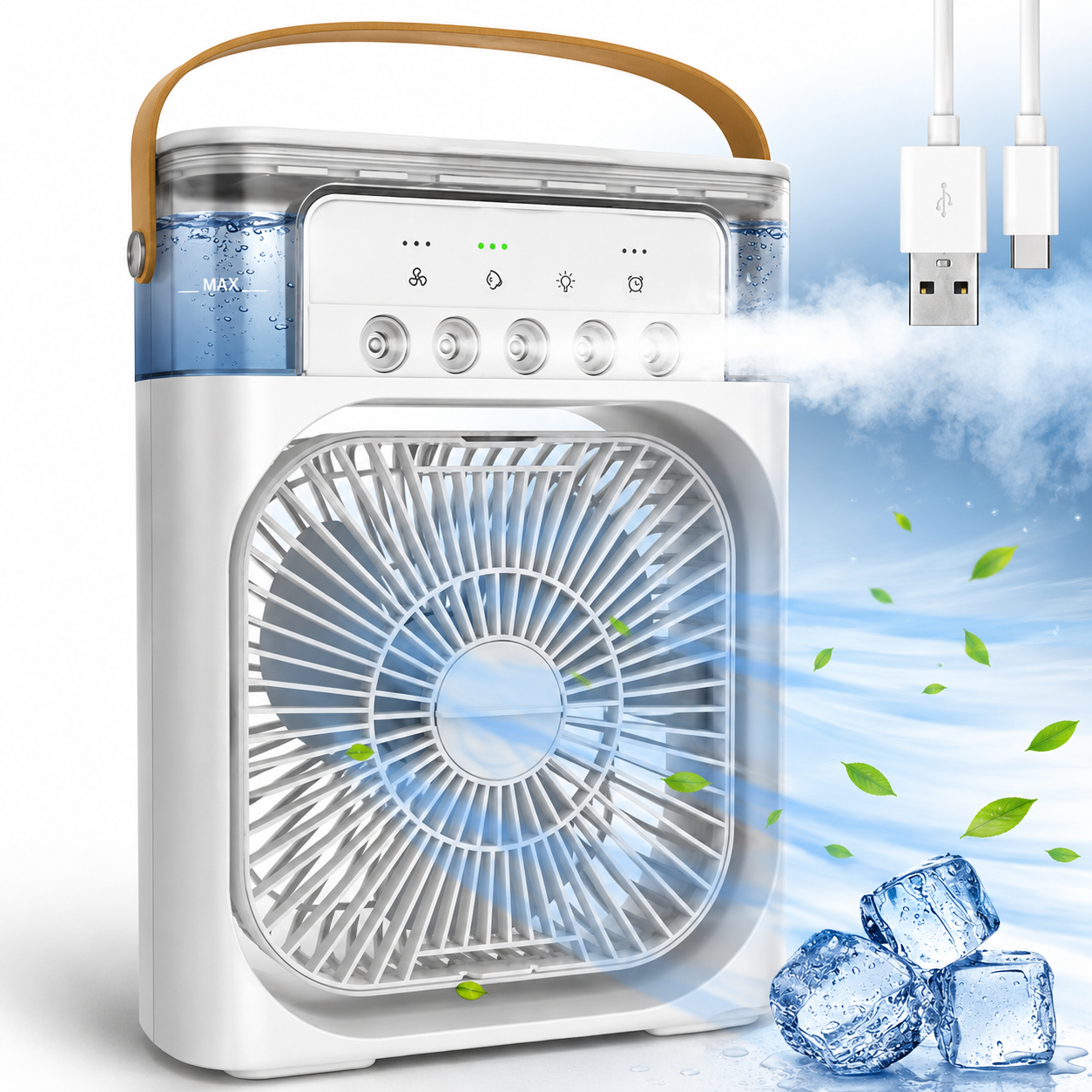 Portable Mini Air Cooler with 7-Color LED Light | USB Rechargeable Personal Cooling Fan with 3 Speeds & Mist Spray