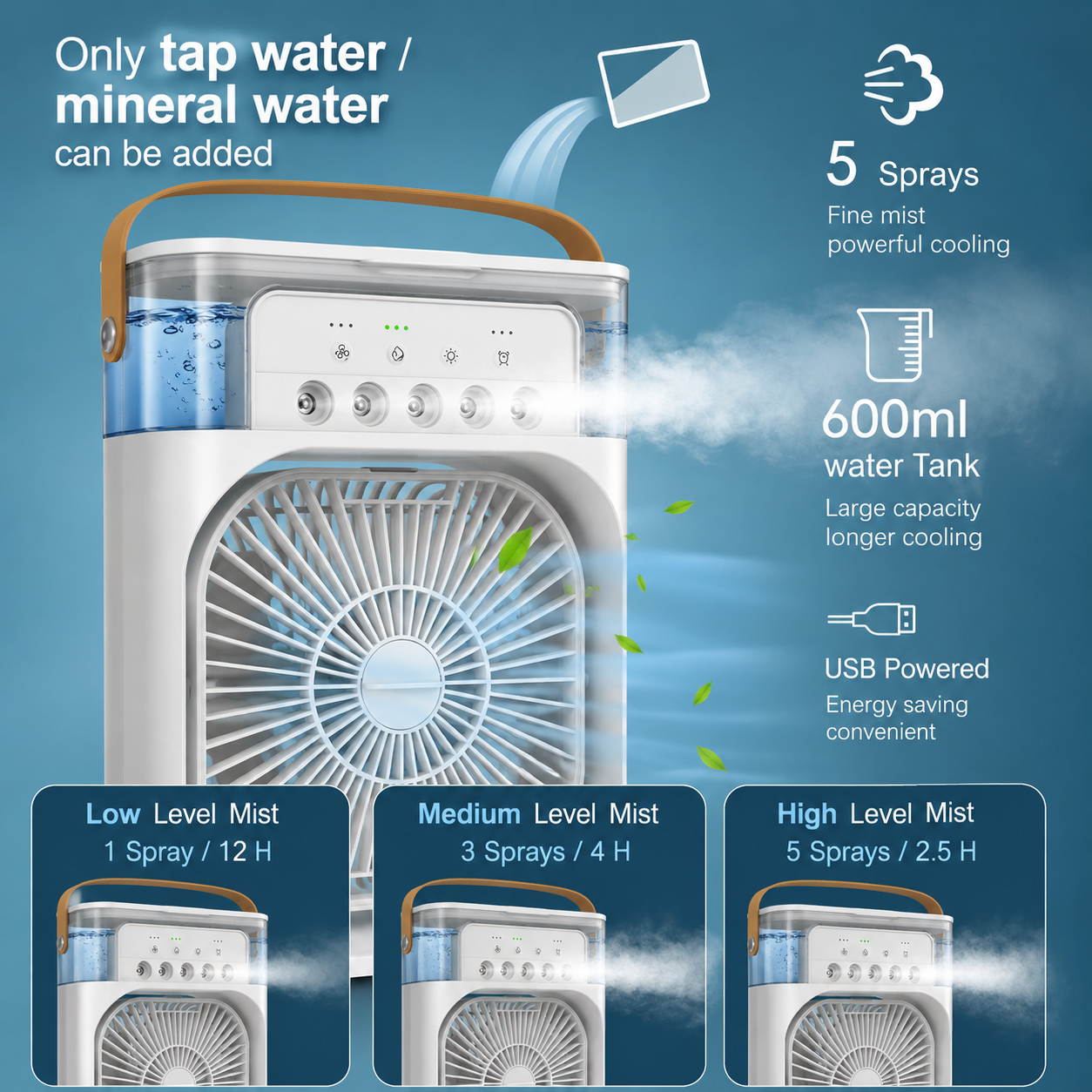 Portable Mini Air Cooler with 7-Color LED Light | USB Rechargeable Personal Cooling Fan with 3 Speeds & Mist Spray