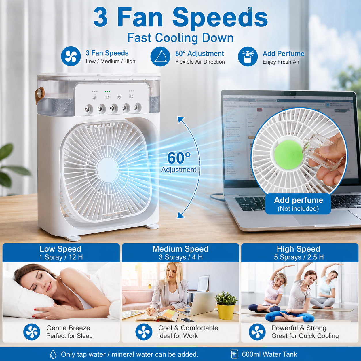 Portable Mini Air Cooler with 7-Color LED Light | USB Rechargeable Personal Cooling Fan with 3 Speeds & Mist Spray