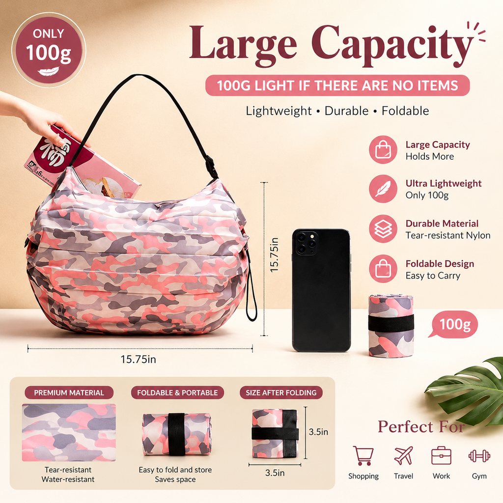 Foldable Reusable Shopping Bag – Large Capacity Portable Grocery Tote Bag
