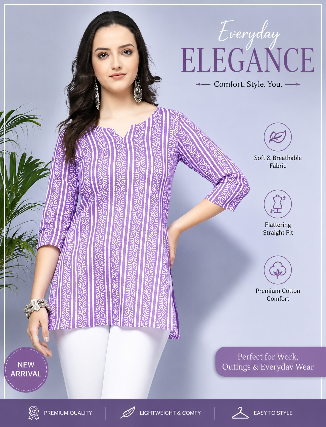 Lavender Short Kurti for Women | Stylish Pure Cotton Casual Tunic Top