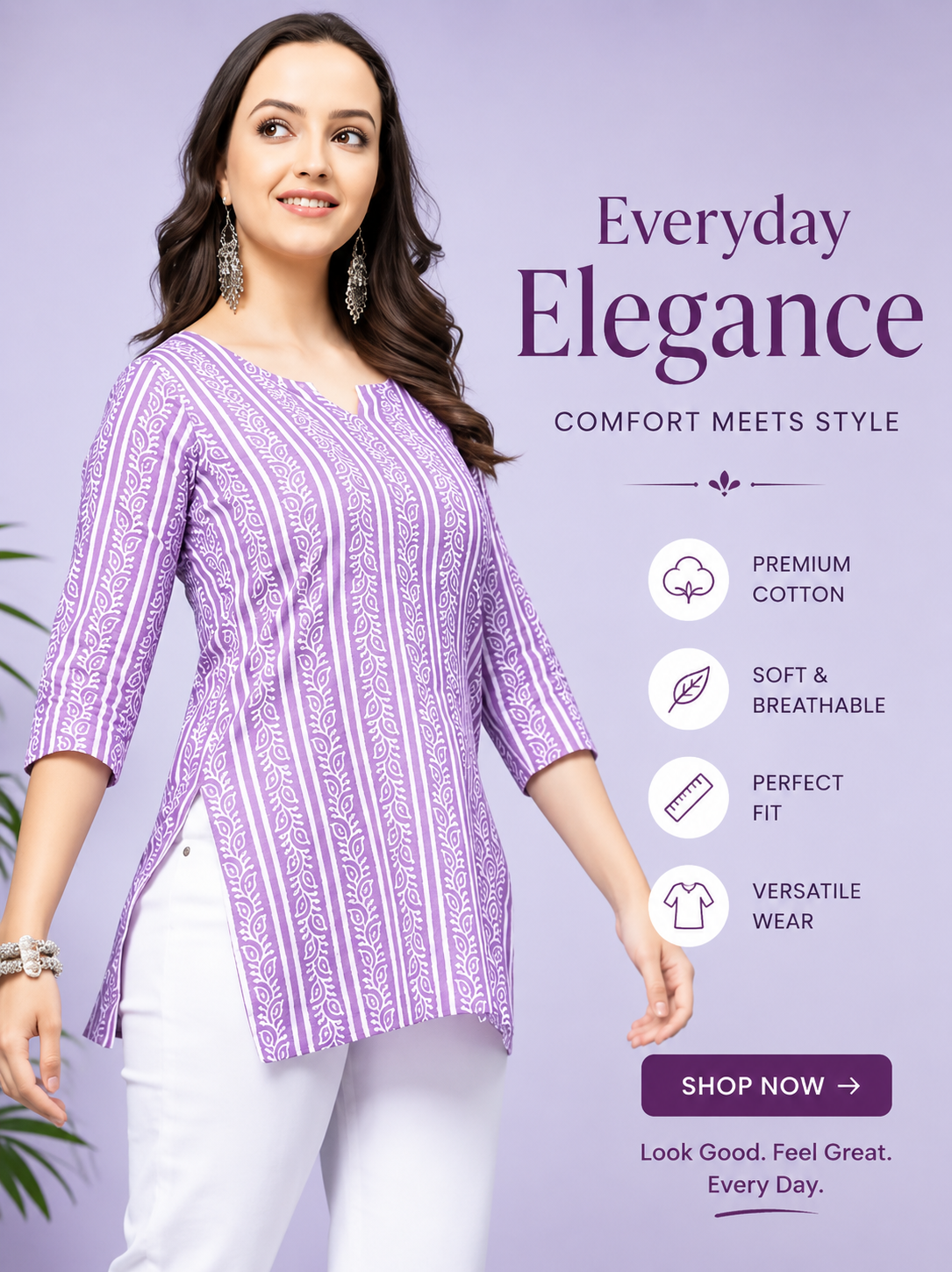 Lavender Short Kurti for Women | Stylish Pure Cotton Casual Tunic Top