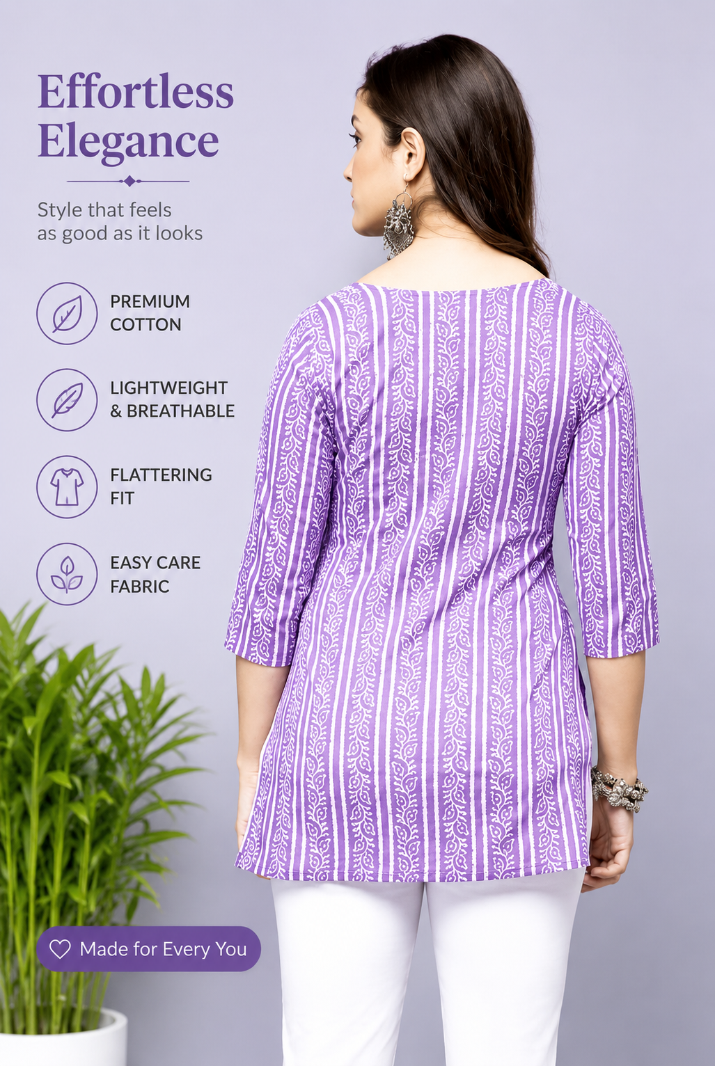 Lavender Short Kurti for Women | Stylish Pure Cotton Casual Tunic Top