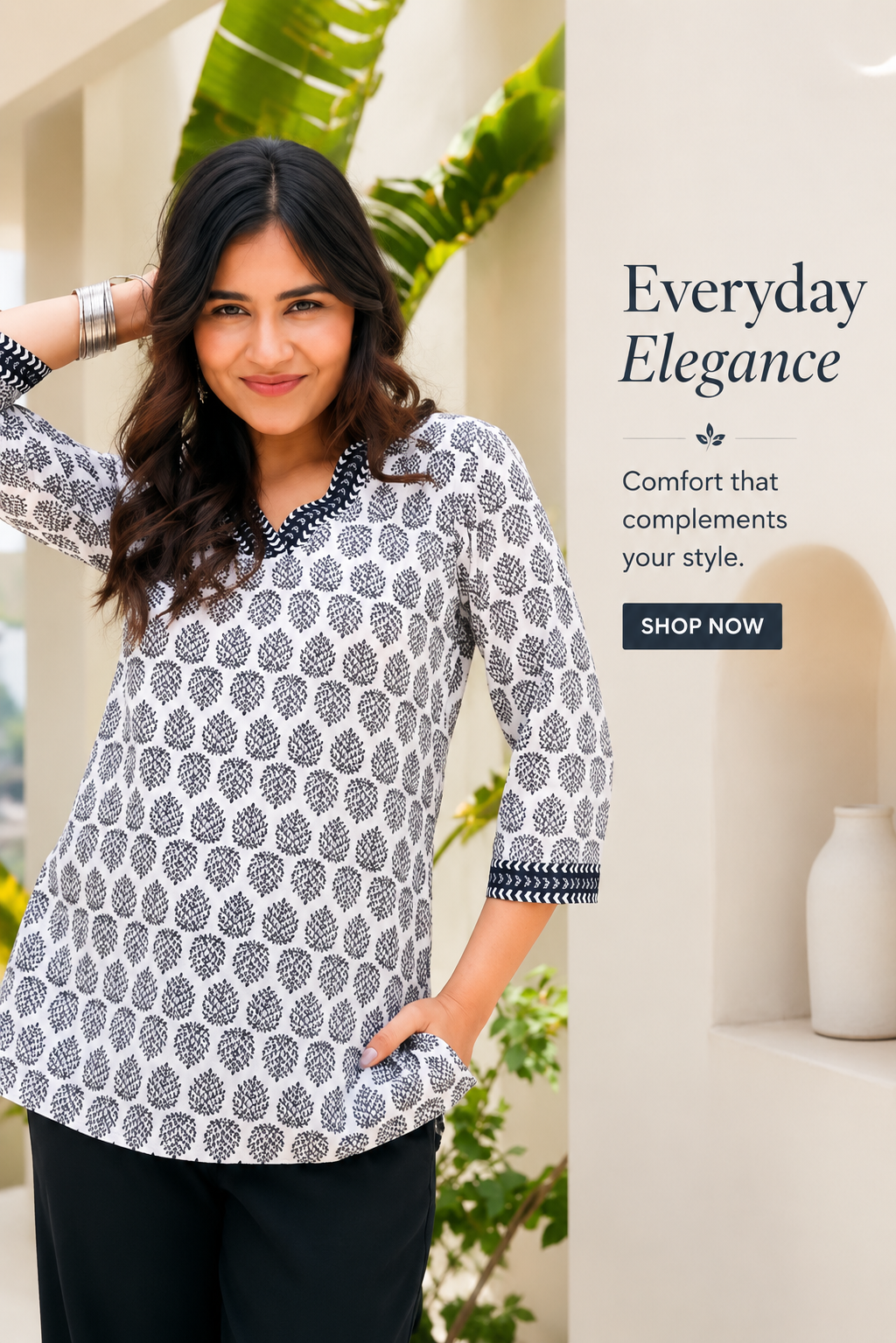 Stylish White Hand Block Print Cotton Kurti for Women | Casual V-Neck Ethnic Top