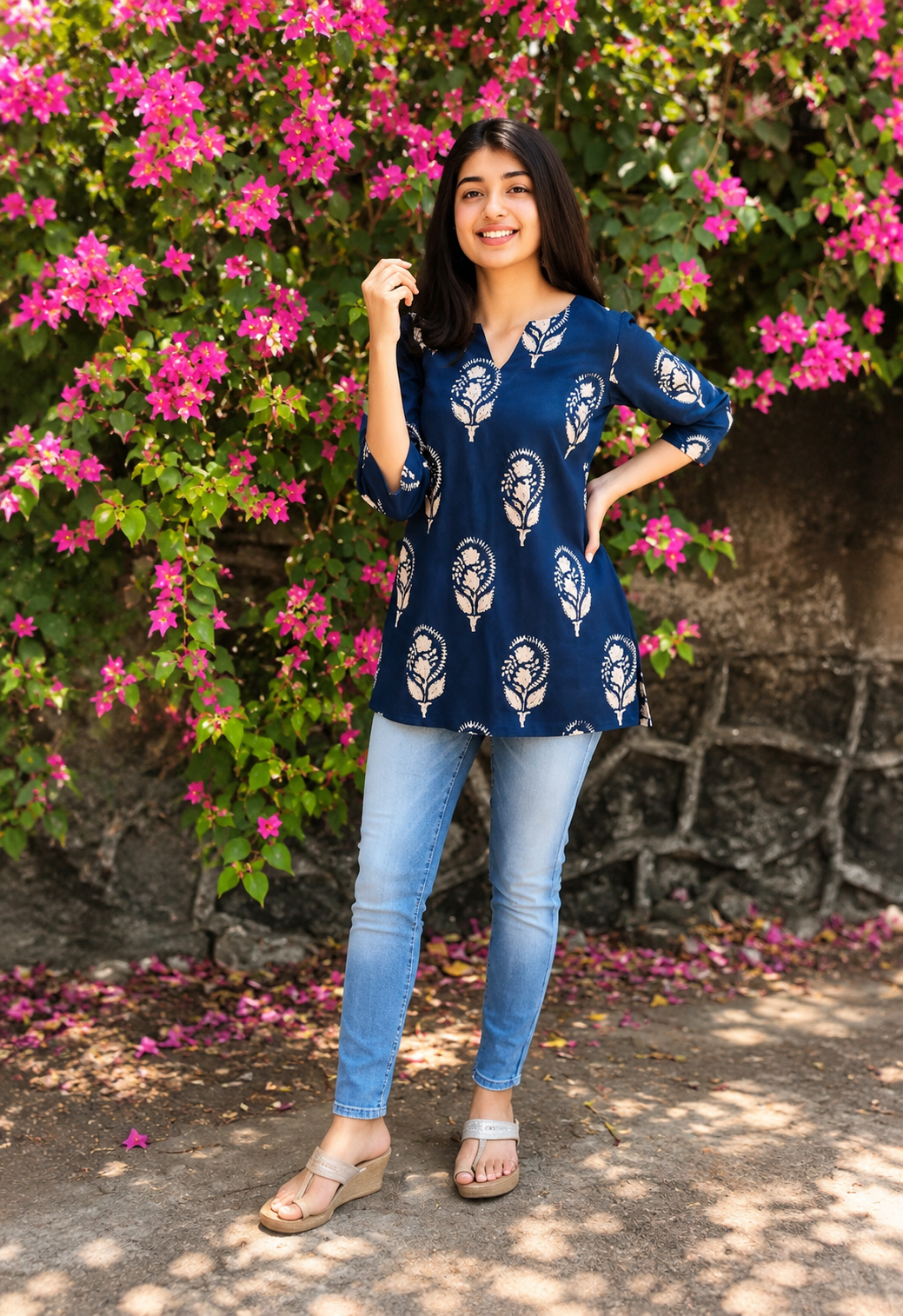 Trendy Blue Block Print Kurti for Women | Stylish Rayon Casual Ethnic Tunic