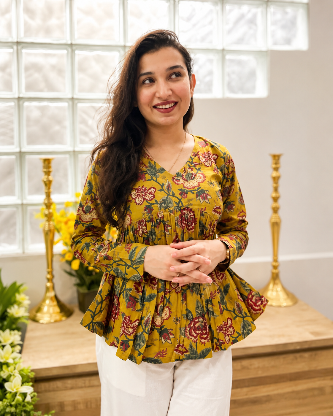 Floral Vibe Mustard Empire Top for Women | Stylish Floral Rayon Casual Wear Top