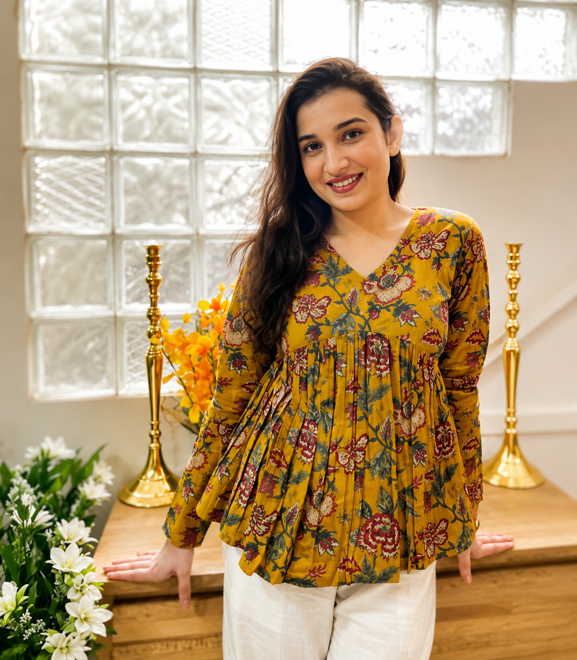Floral Vibe Mustard Empire Top for Women | Stylish Floral Rayon Casual Wear Top