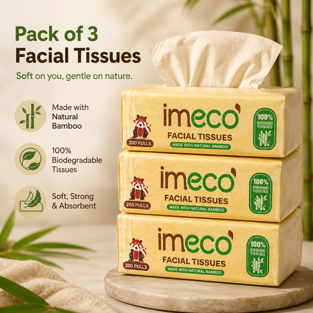 Bamboo Facial Tissues – 600 Pulls, Pack of 3 | Ultra-Soft & Eco-Friendly