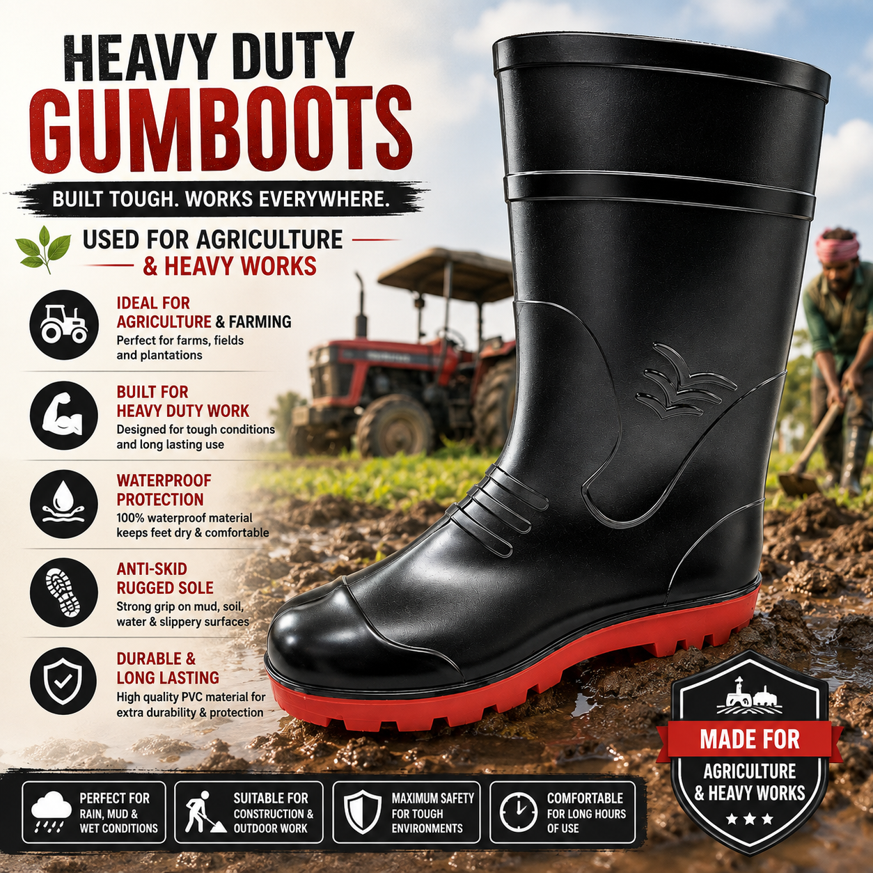 Men's Black PVC Waterproof Rain Boots | Anti-Slip Gumboots