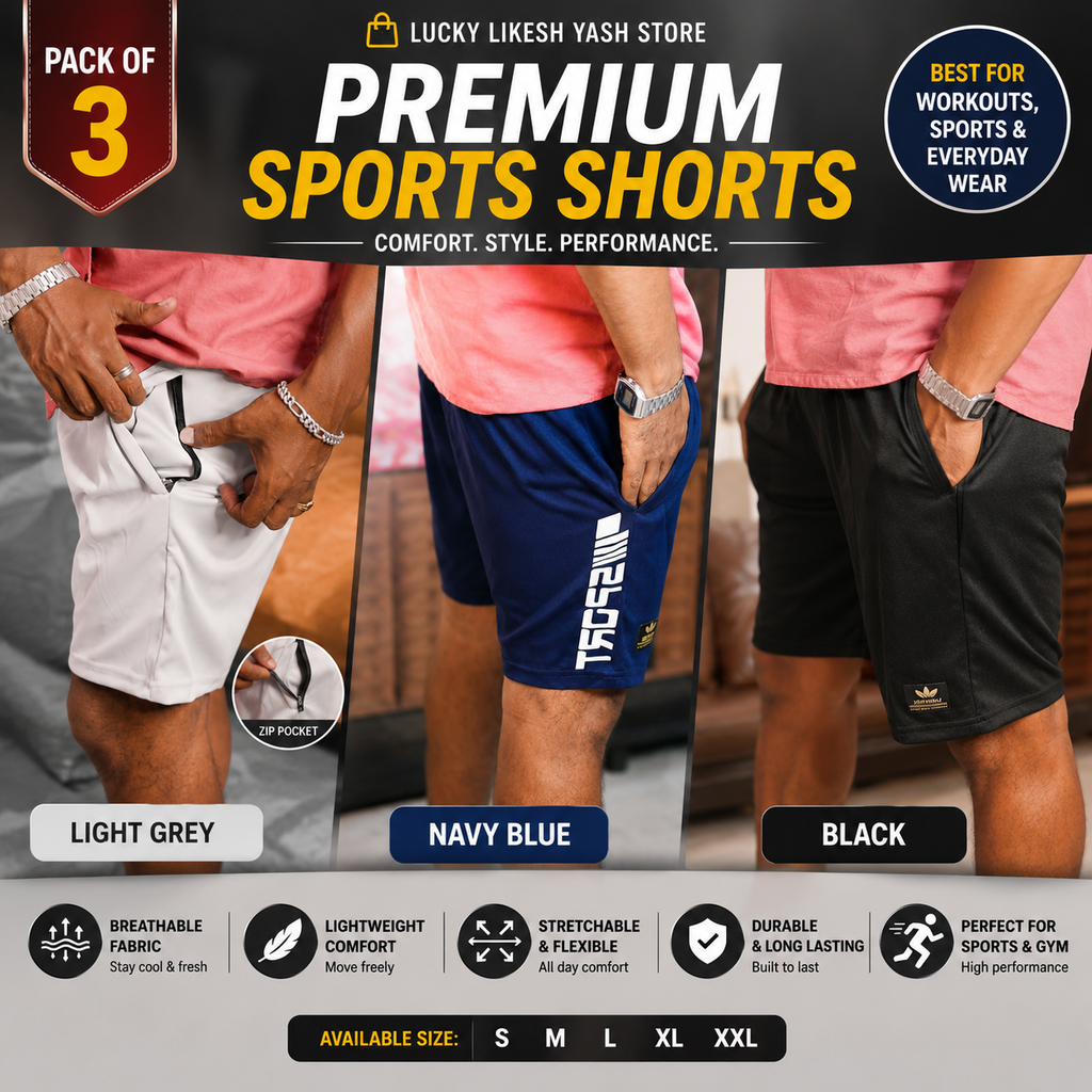 Men's Sports Gym Shorts | Lycra Stretch | Pack of 3 | Lightweight Running & Workout Shorts