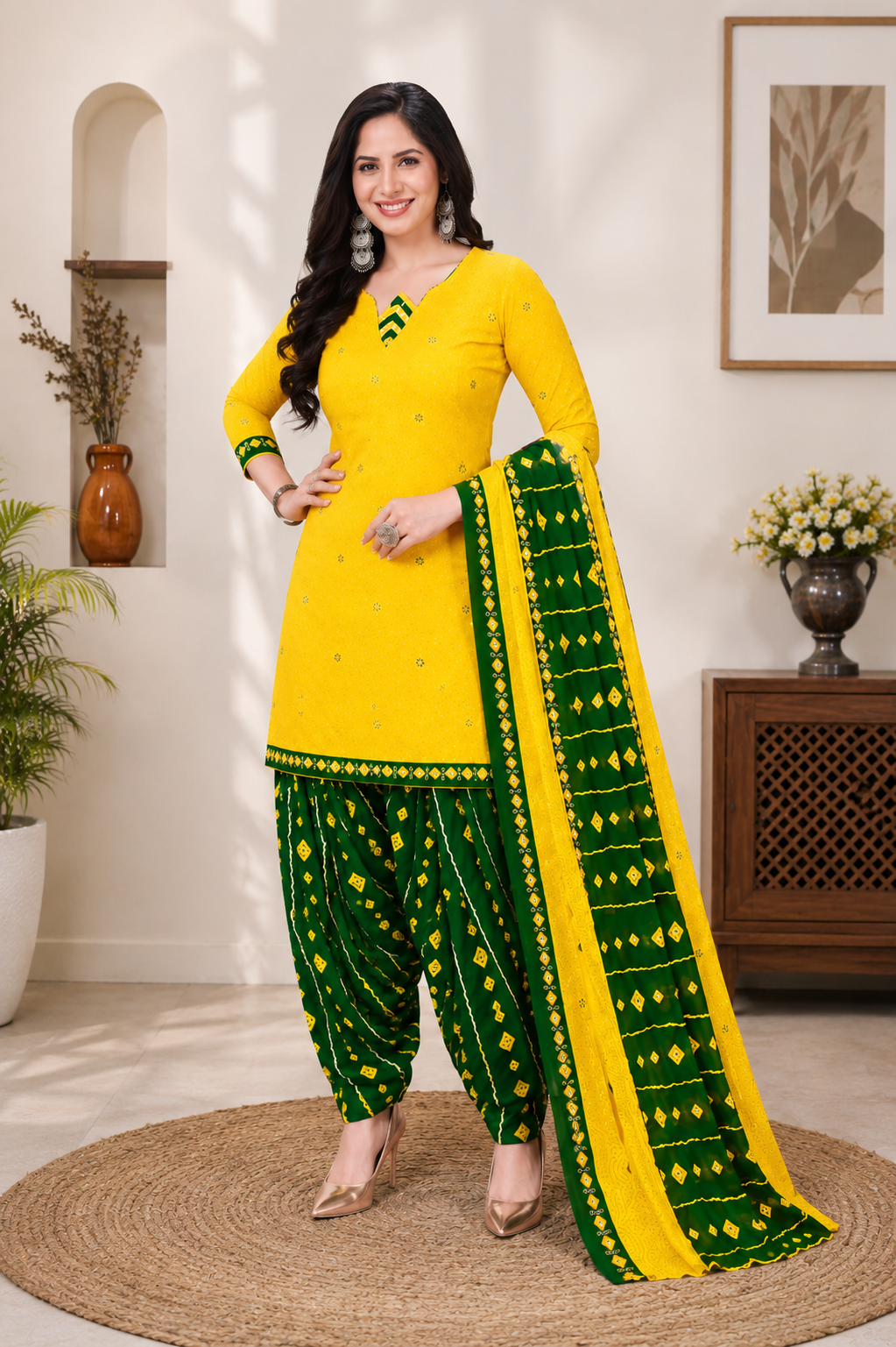 Crepe Printed Dress Material for Women & Girls (Yellow & Green)