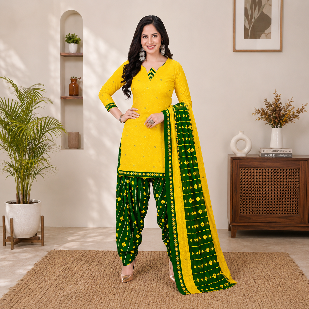 Crepe Printed Dress Material for Women & Girls (Yellow & Green)