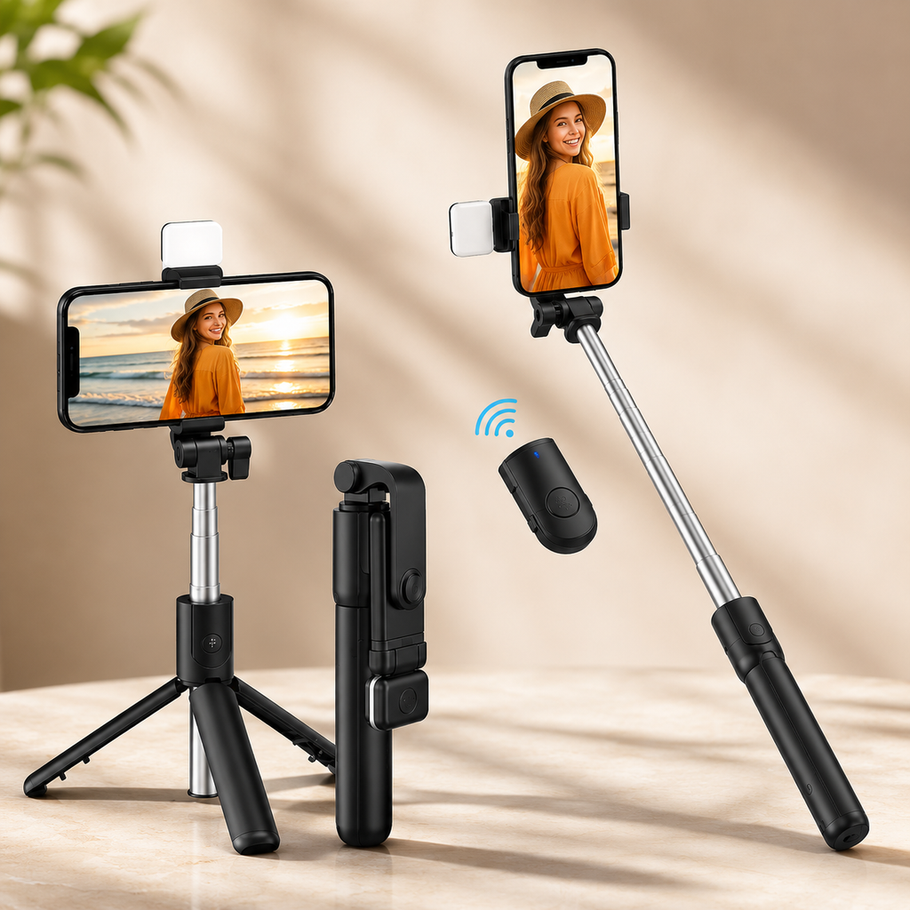 360° Bluetooth Selfie Stick Tripod with LED Fill Light & Wireless Remote