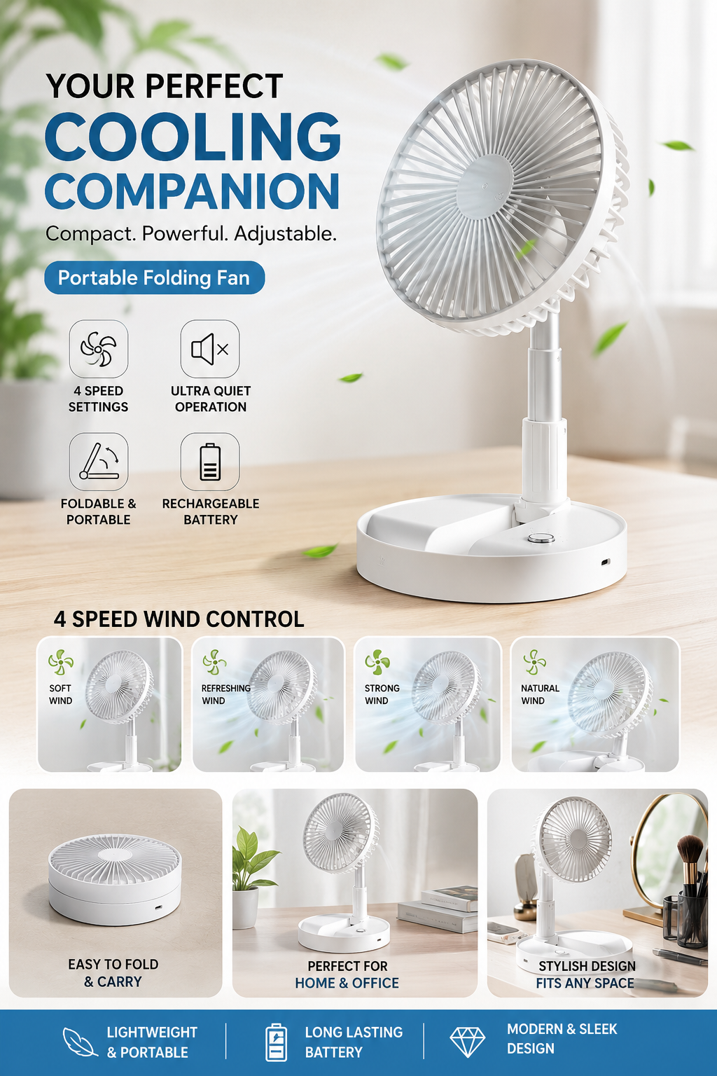Portable Mini Air Cooler Fan with USB Rechargeable Battery – 3 Speed Desk Cooling Fan